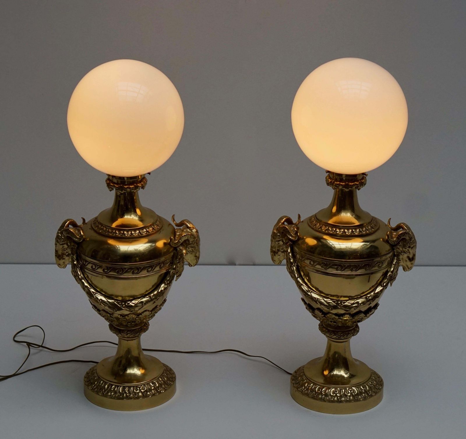 Pair Of Mid 20th Century Hollywood Regency Rams Head Urn Lamps photo for sale