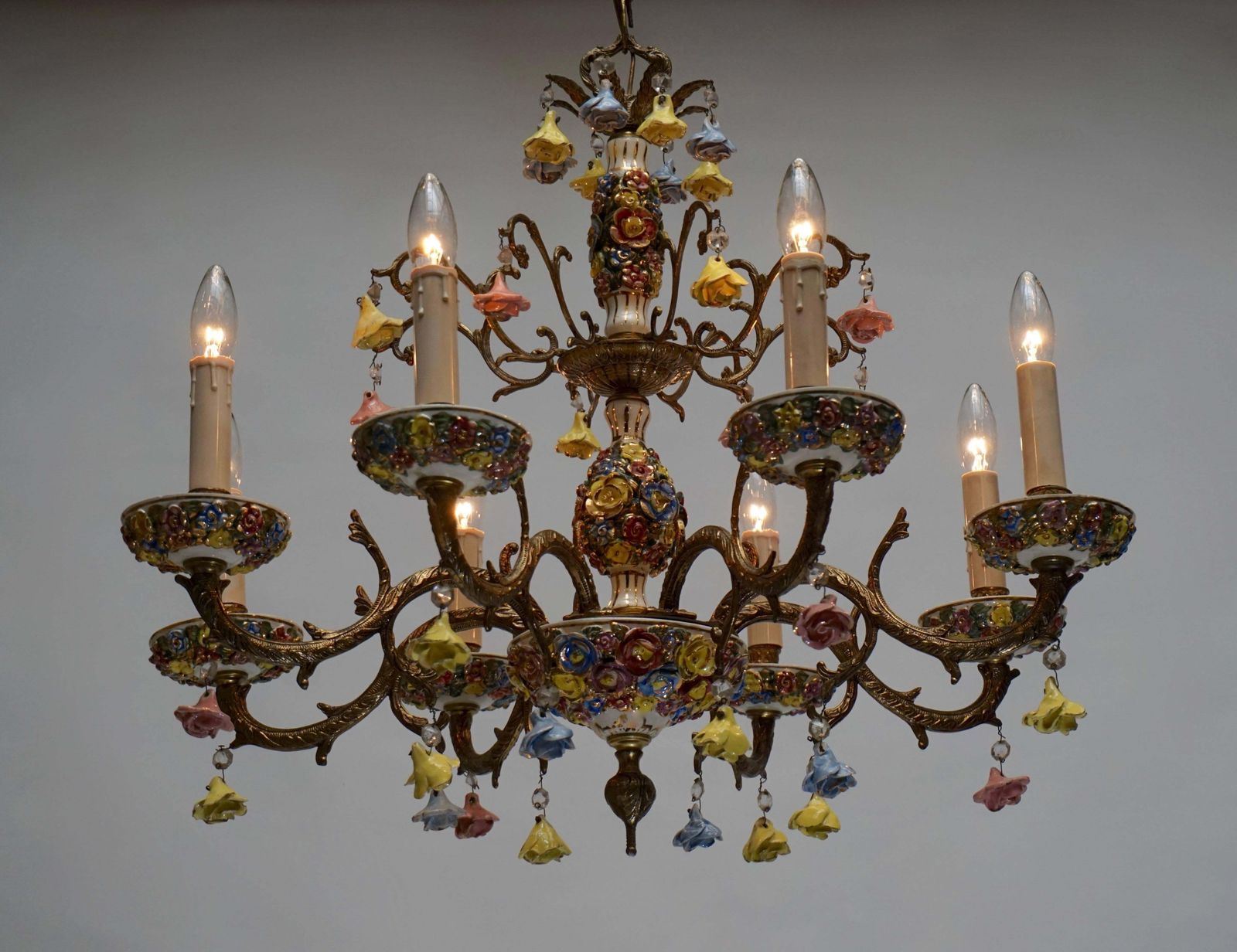 Gilt Iron With Porcelain Flowers Chandelier photo for sale