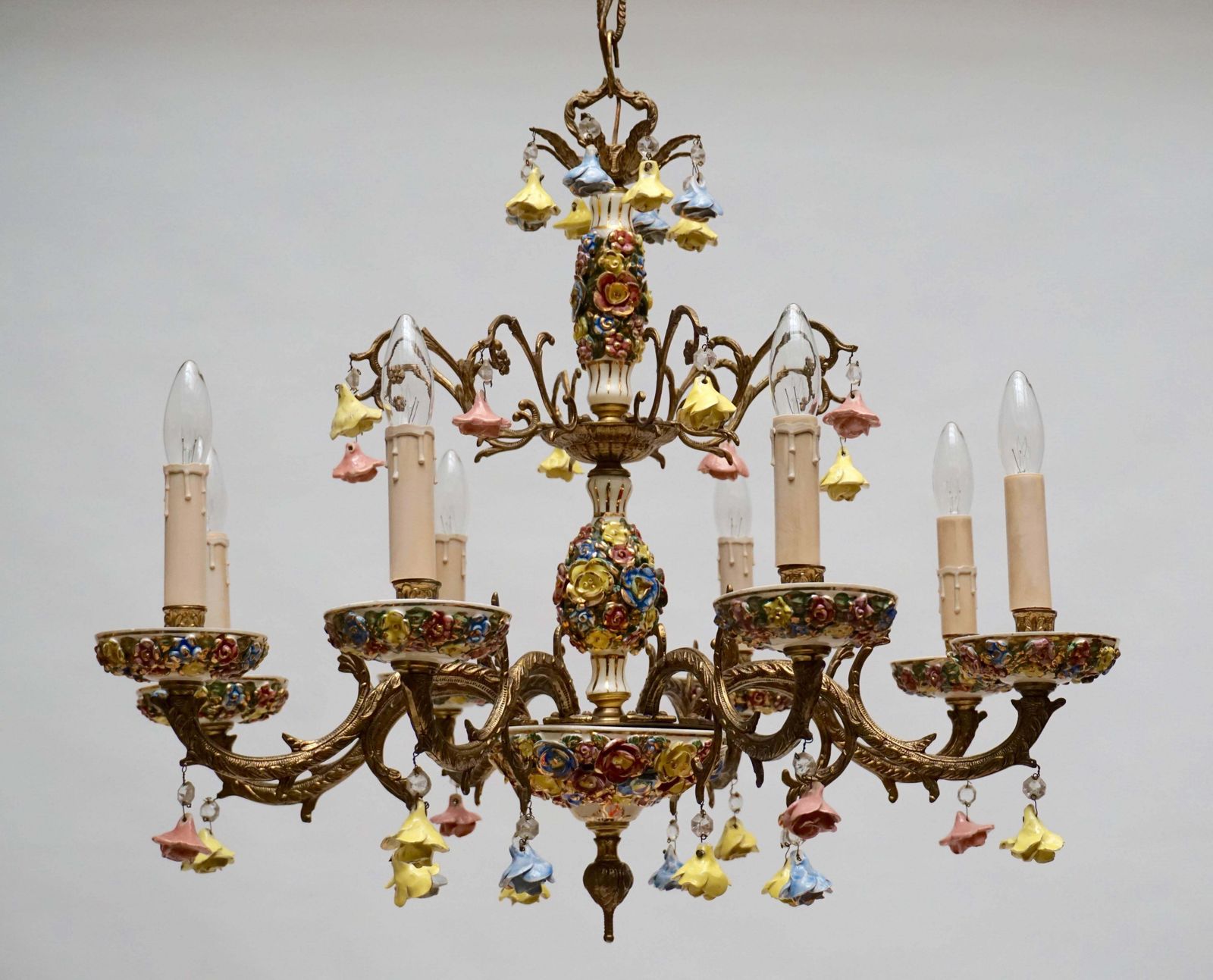 Gilt Iron With Porcelain Flowers Chandelier photo 1529.0