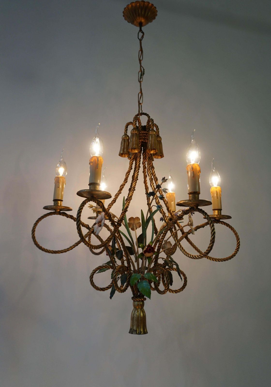 Lighting 2 Italian Tole Flower Hollywood Regency Chandelier Florentine, 1950s photo