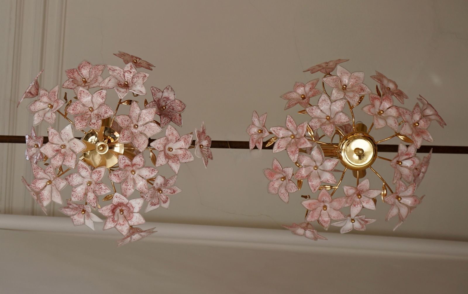 Set Of 2 Italian Brass Chandeliers With White Pink Colored Murano Glass Flowers photo for sale