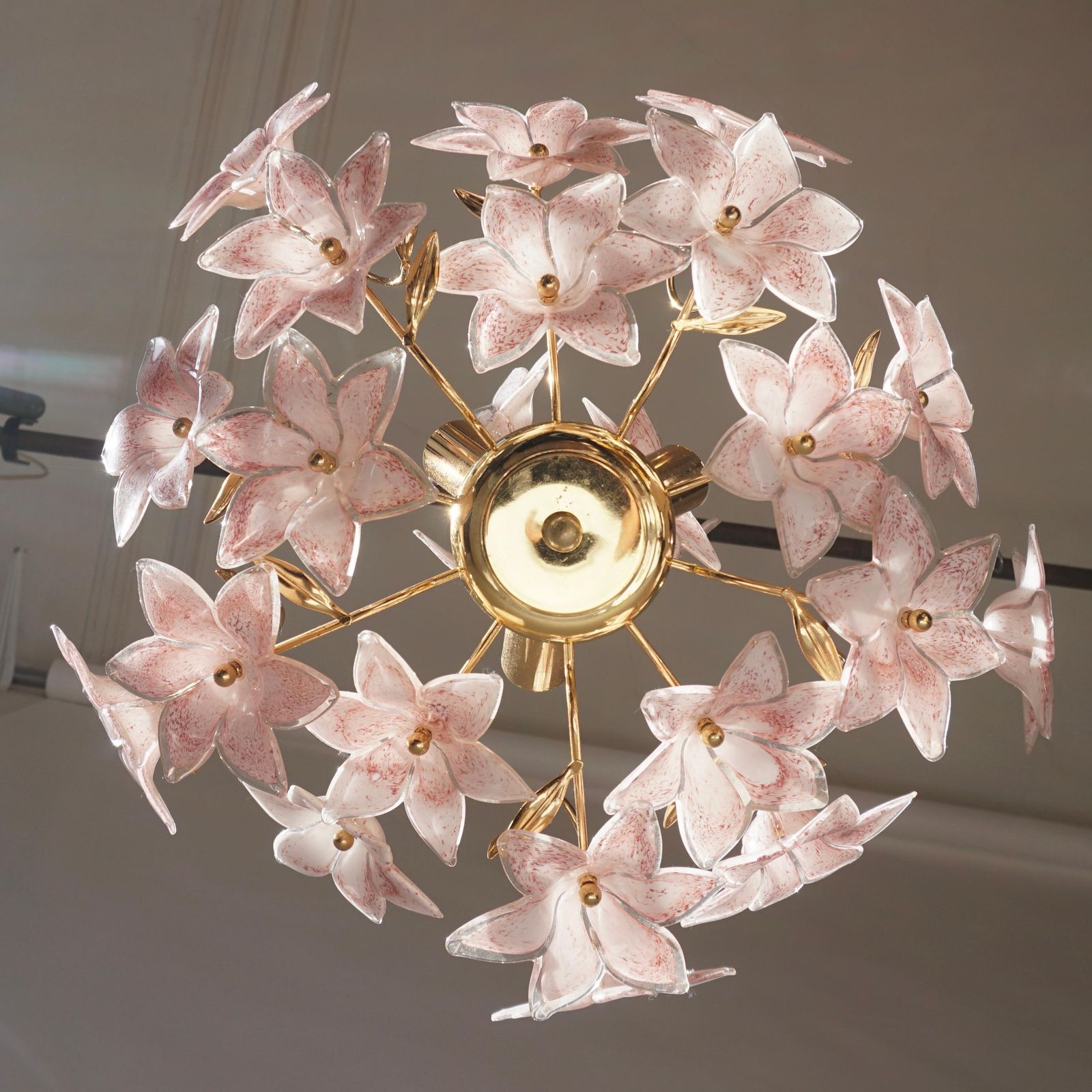 Set Of 2 Italian Brass Chandeliers With White Pink Colored Murano Glass Flowers photo buy