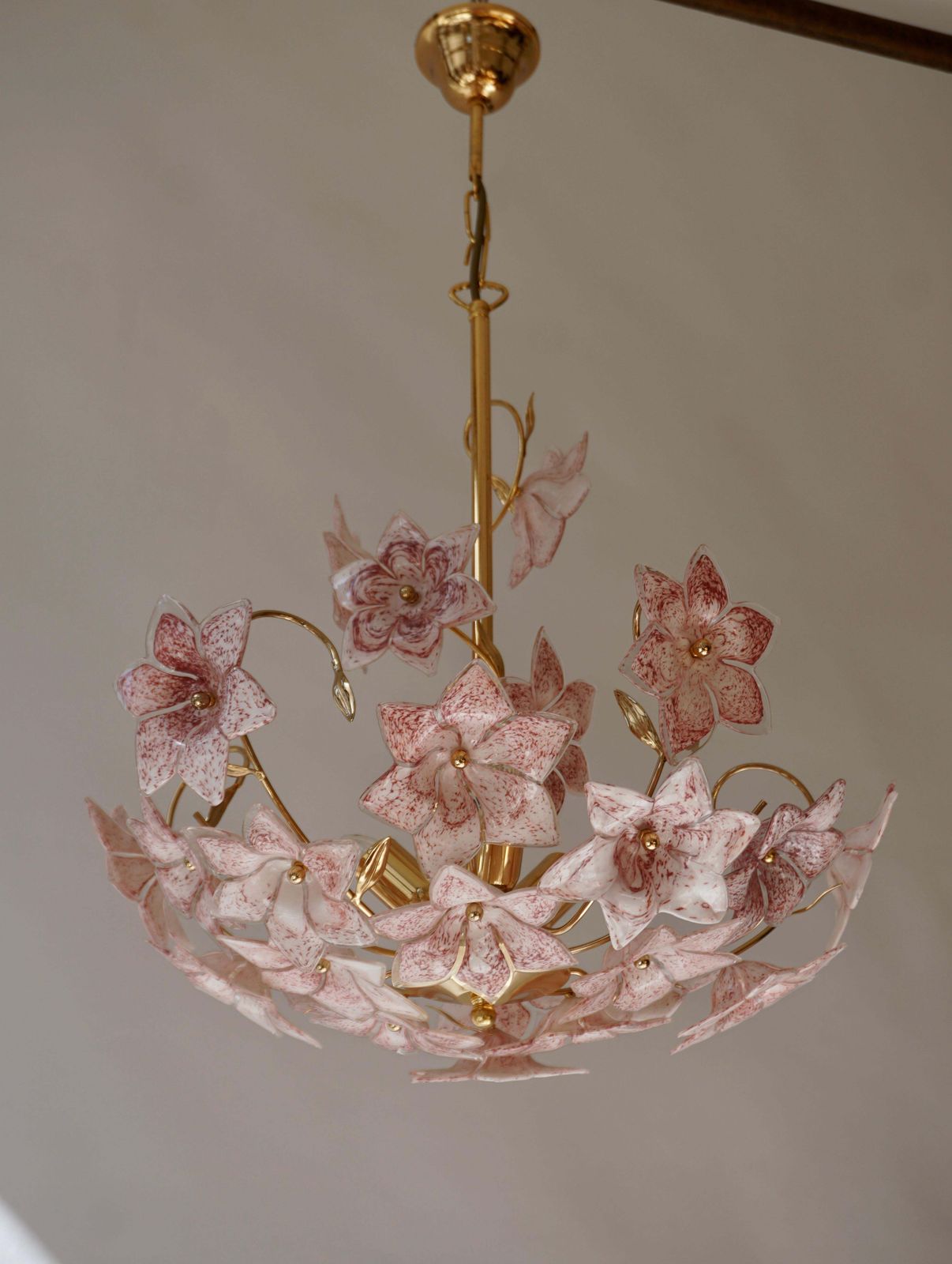 photo for sale Set Of 2 Italian Brass Chandeliers With White Pink Colored Murano Glass Flowers