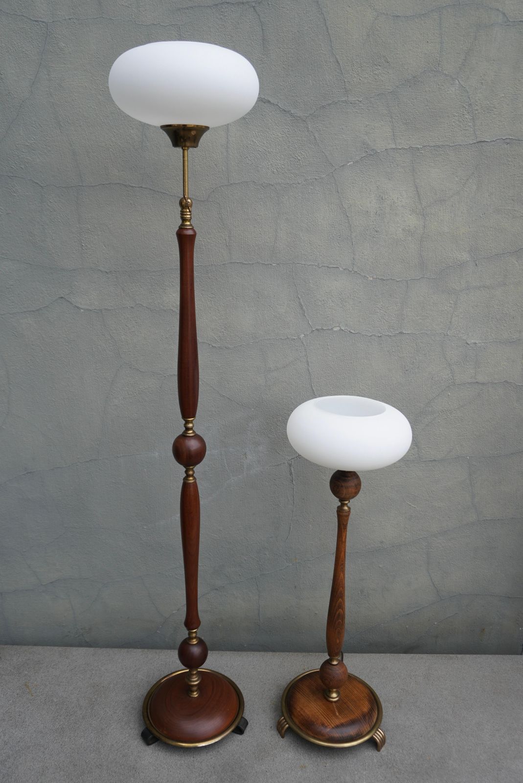 Adjustable Floor Lamp And Table Lamp Set In Wood And Brass With Glass Shades photo furniture