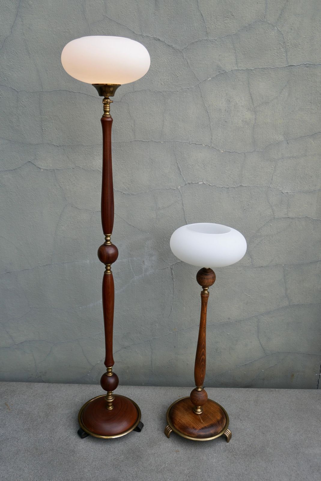 Adjustable Floor Lamp And Table Lamp Set In Wood And Brass With Glass Shades photo buy