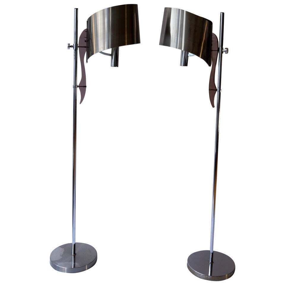 Pair Of Maison Charles Floor Lamps With Curved Stainless Shades
