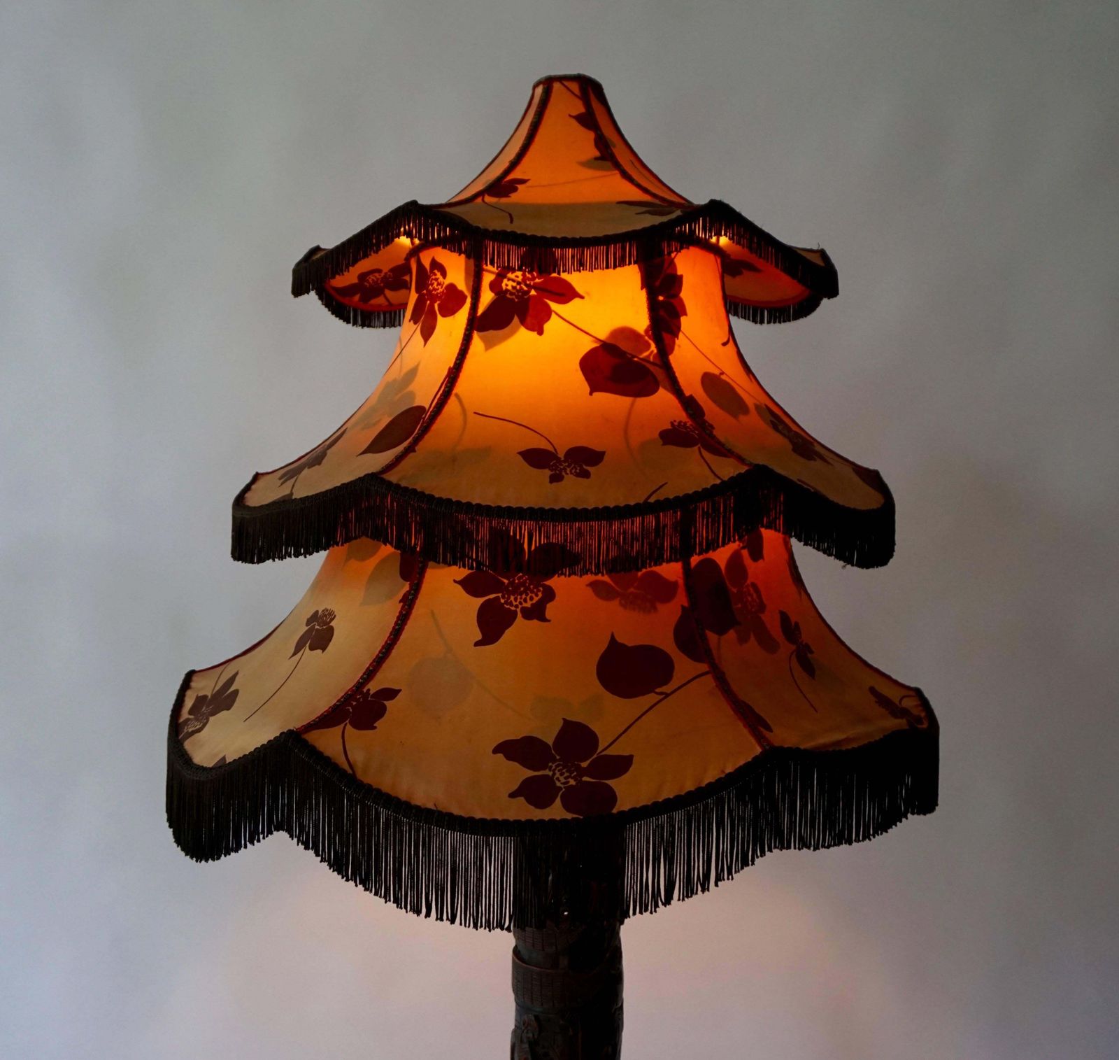 1920s Fine Antique Chinese Carved Floor Lamp With Pagoda Shade photo furniture