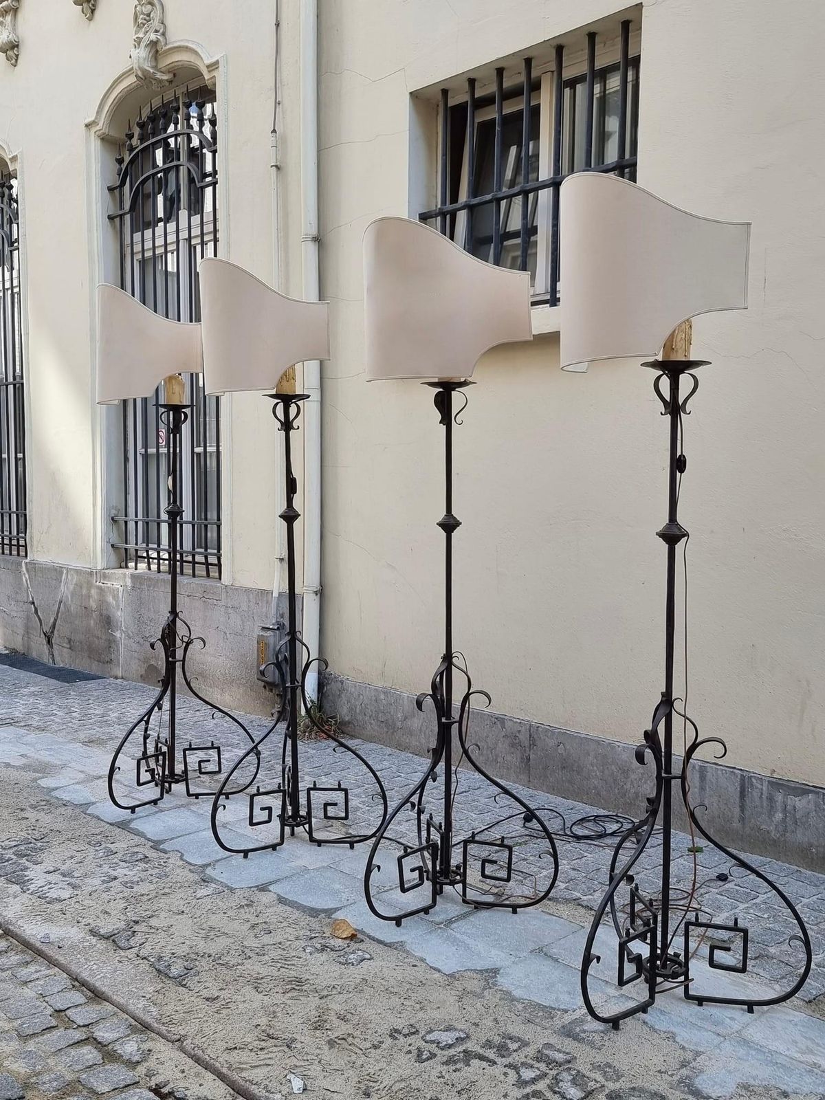 Four Antique Wrought Iron Art Deco Castle Monastery Floor Lamps Or Candlestick photo vinterior