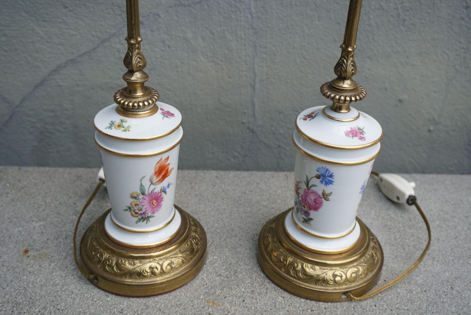 A Pair Of French Porcelain And Brass Floral Lamps photo buy