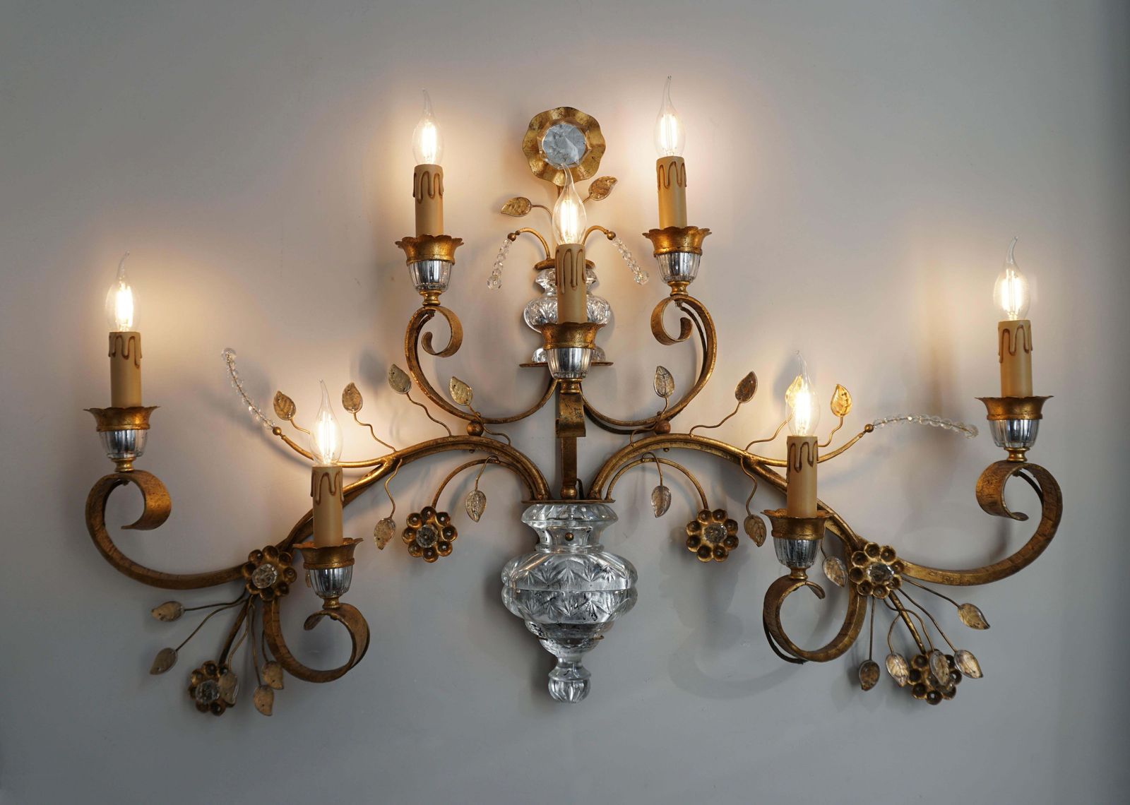 Gilded Metal Leaf And Glass Flower Wall Sconce Light Fixture photo for sale