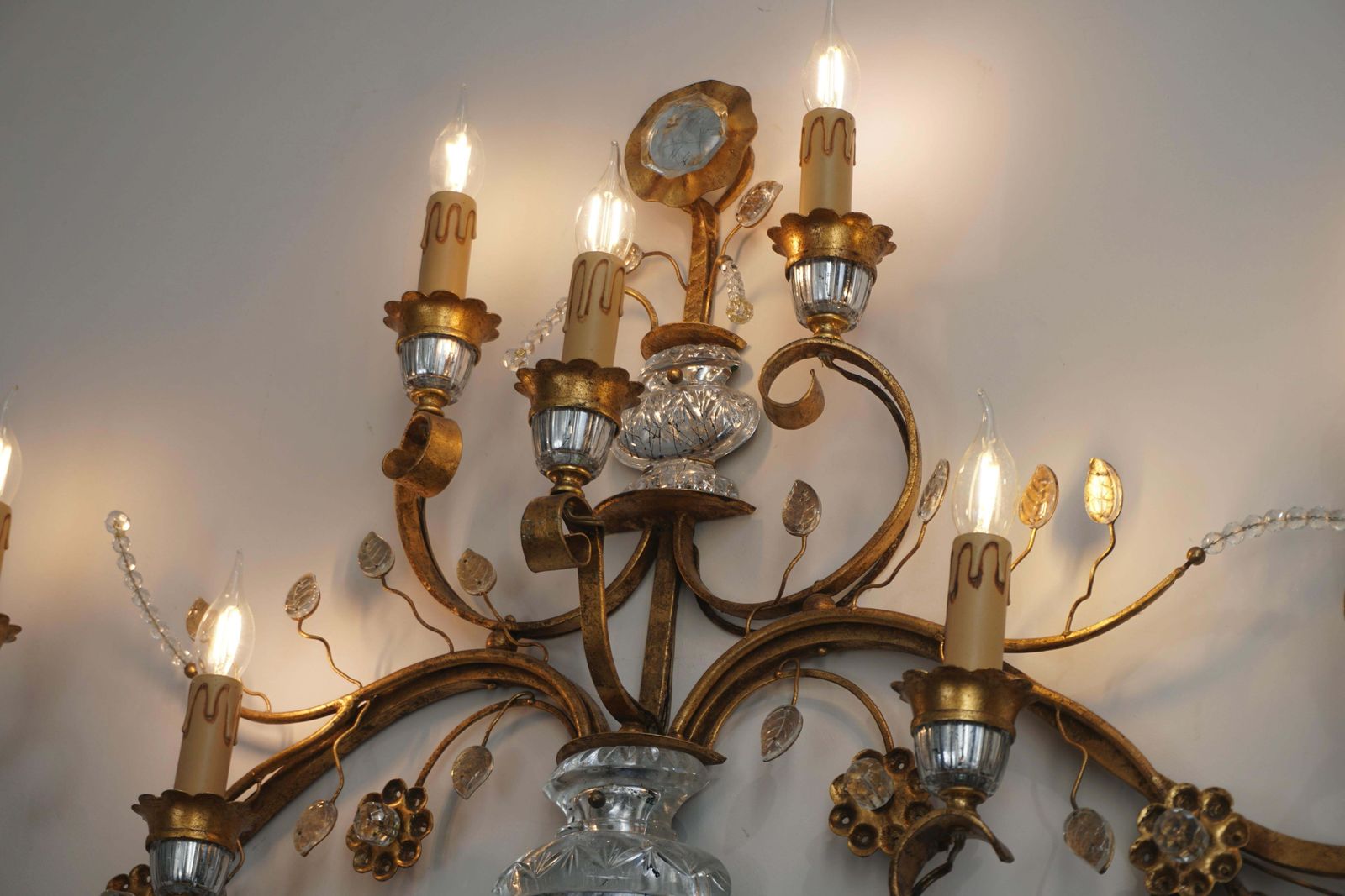 Gilded Metal Leaf And Glass Flower Wall Sconce Light Fixture photo vintage