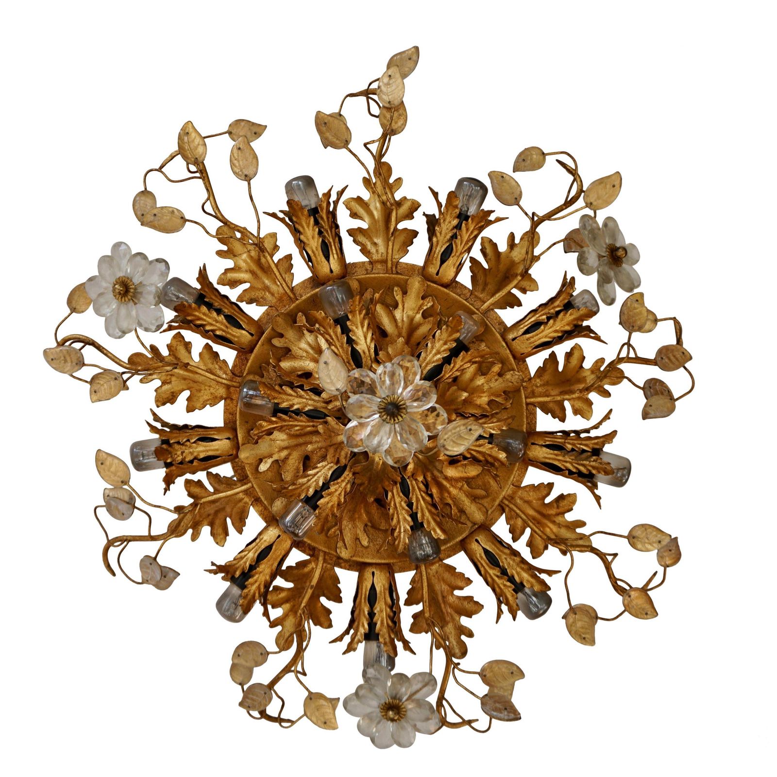 Gilt Metal Leaf Sunburst Flush Mount Lamp With Glass Flowers, Italy, 1960s