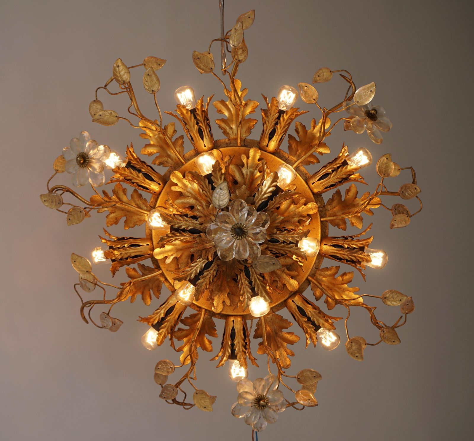 Gilt Metal Leaf Sunburst Flush Mount Lamp With Glass Flowers, Italy, 1960s photo furniture