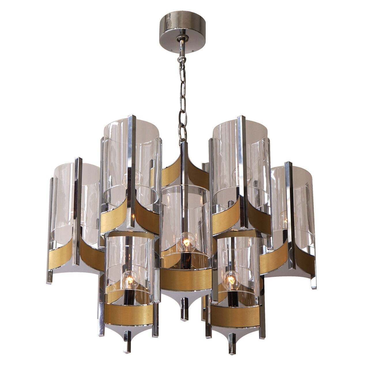 Set Of Four Nine Light Chrome And Glass Chandeliers By Gaetano Sciolari, 1970s