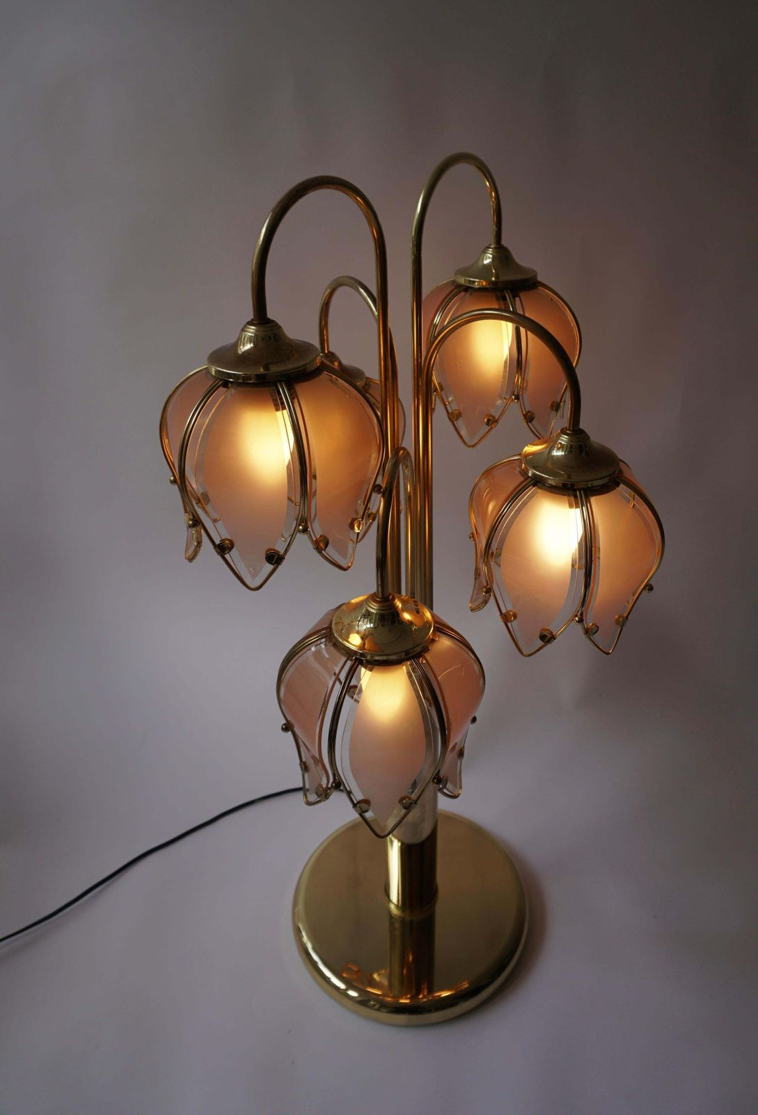 Hollywood Regency Glass And Brass 5 Arm Tulip Lotus Lamp 1970s photo 2850.0
