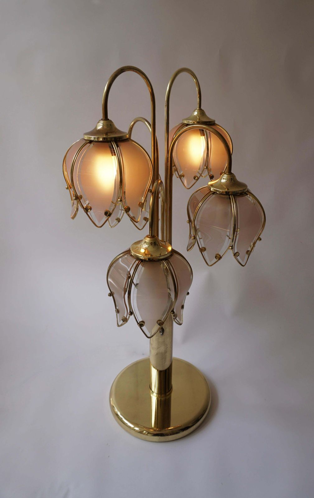 Hollywood Regency Glass And Brass 5 Arm Tulip Lotus Lamp 1970s photo buy