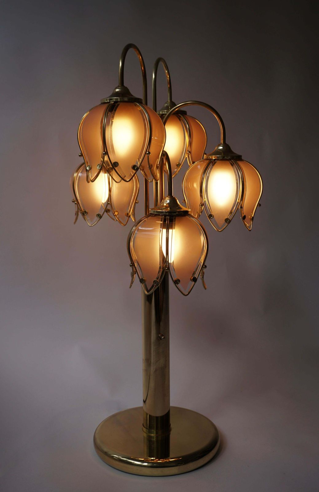 photo furniture Hollywood Regency Glass And Brass 5 Arm Tulip Lotus Lamp 1970s