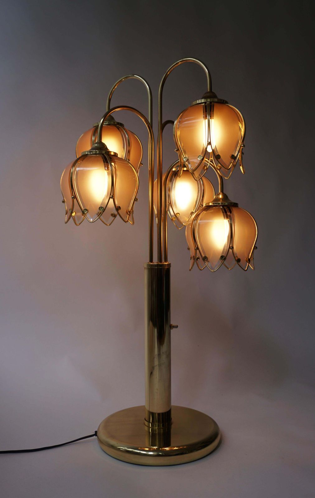 photo for sale Hollywood Regency Glass And Brass 5 Arm Tulip Lotus Lamp 1970s