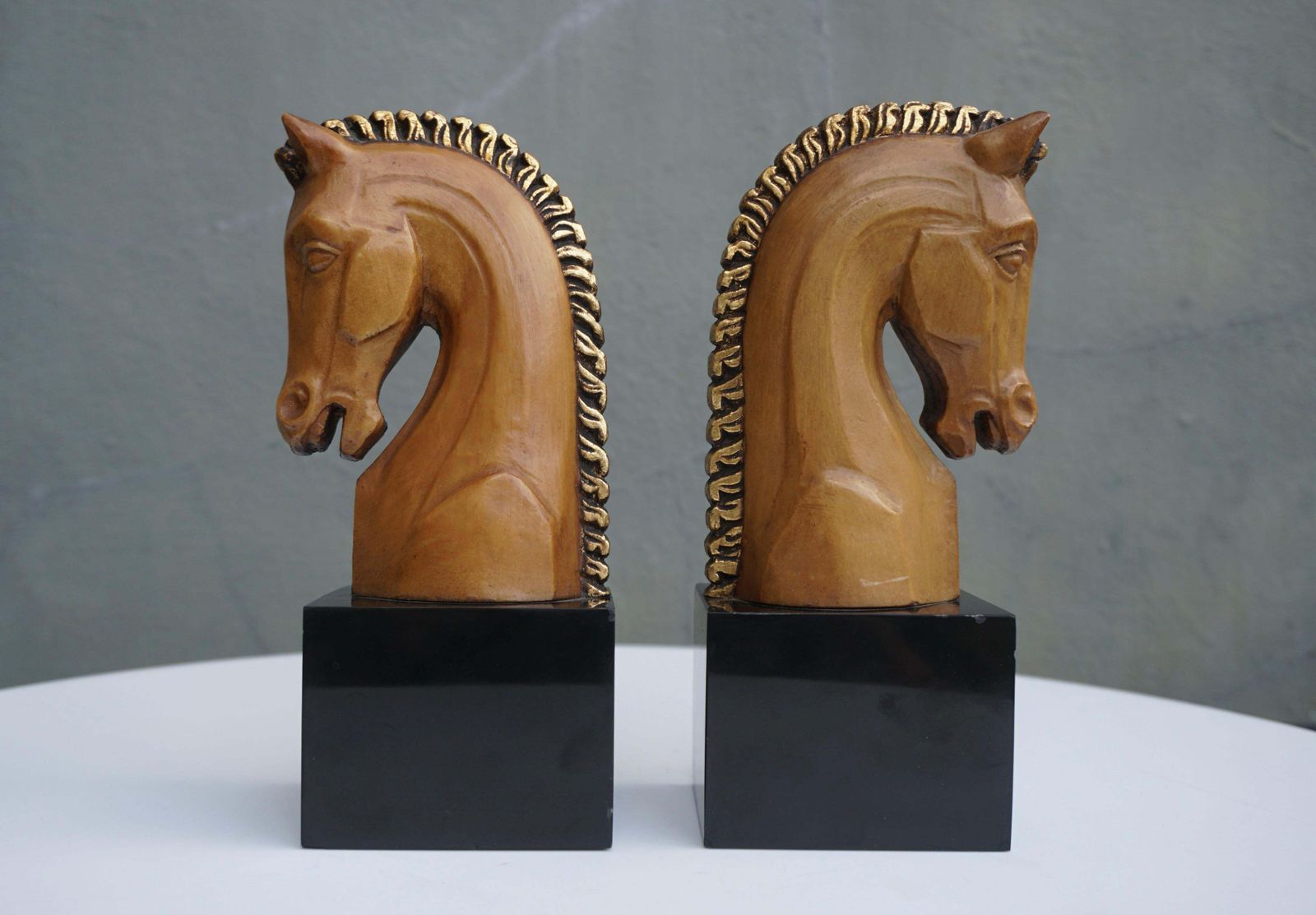 Pair Of Midcentury Marble And Wooden Horse Head Bookends photo Home Decor