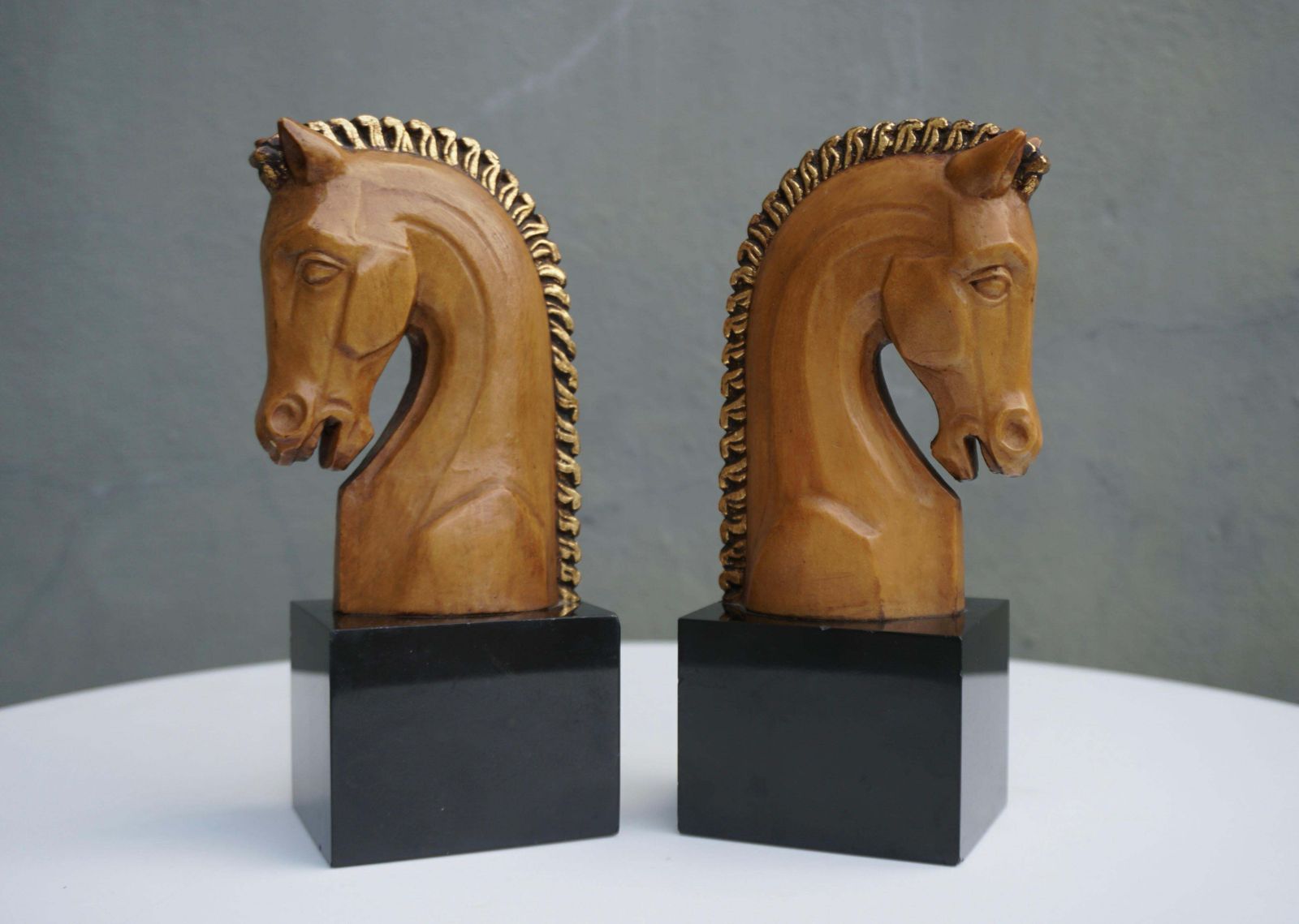 Pair Of Midcentury Marble And Wooden Horse Head Bookends photo vinterior