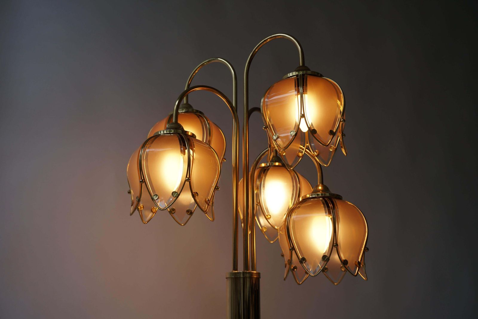 photo vinterior Hollywood Regency Glass And Brass 5 Arm Tulip Lotus Lamp 1970s