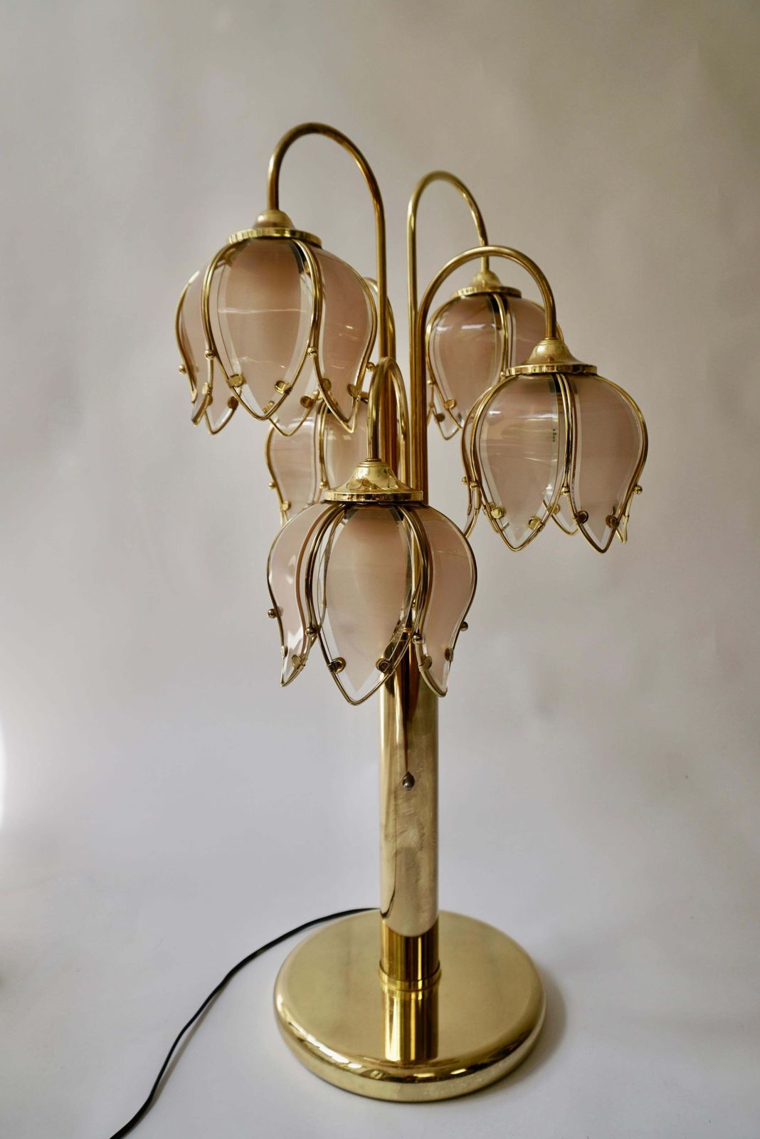 photo vintage Hollywood Regency Glass And Brass 5 Arm Tulip Lotus Lamp 1970s