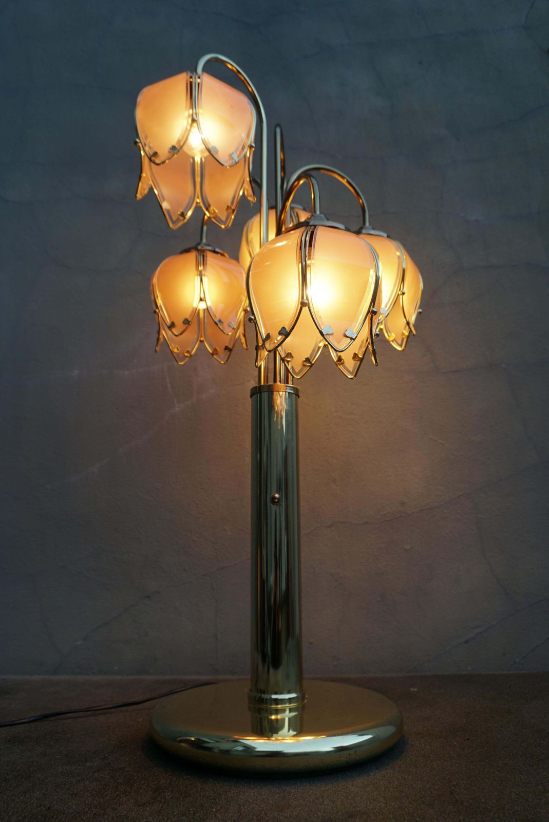 Mid Century Modern Glass And Brass 5 Arm Lotus Lamp 1970s photo vintage