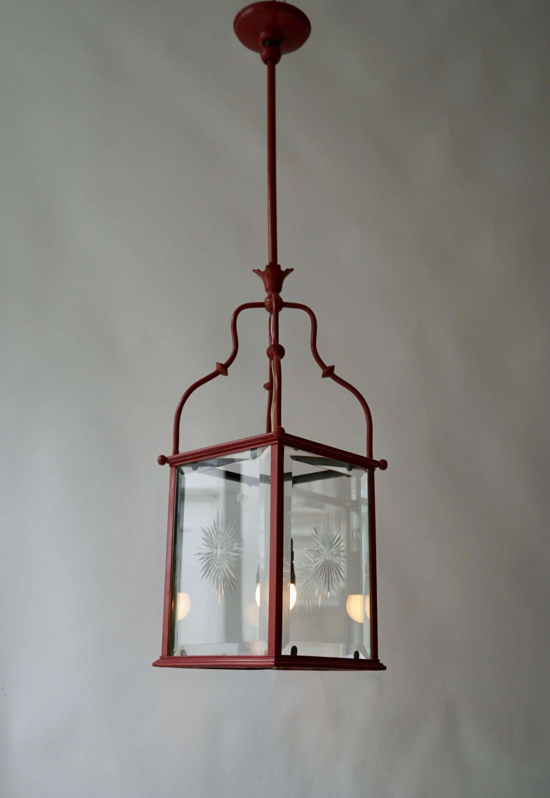 An Italian Red Tole Metal Lantern With Cut Glass, Early 20th C. photo furniture