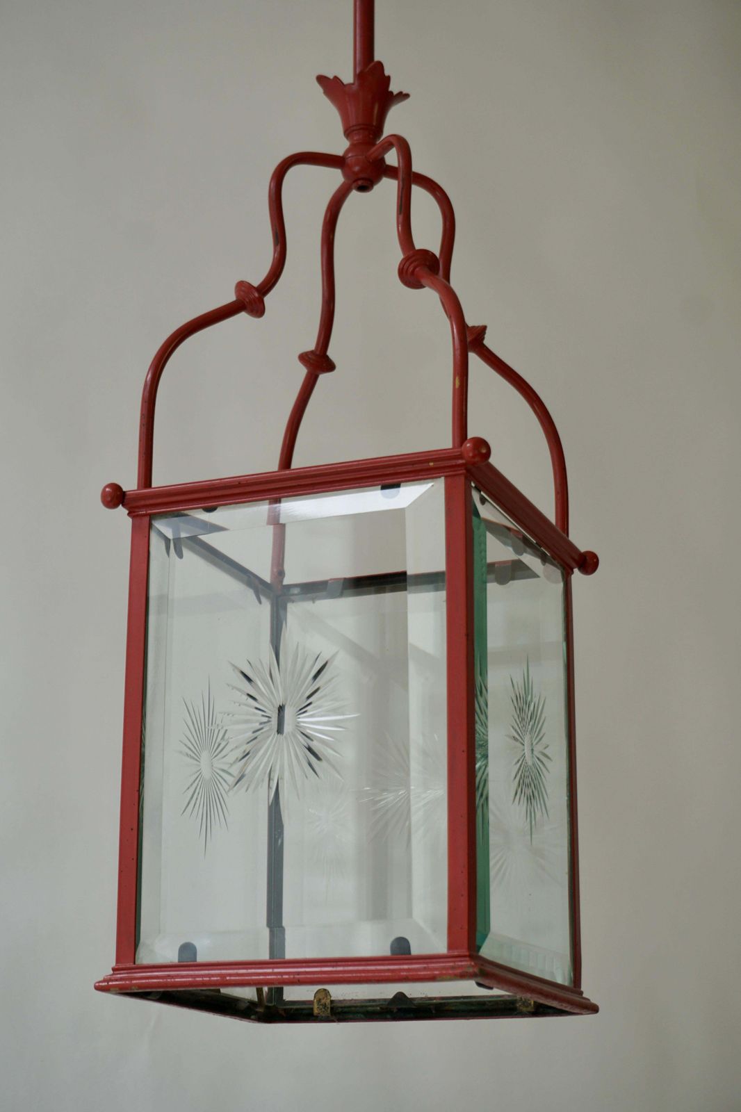 An Italian Red Tole Metal Lantern With Cut Glass, Early 20th C. photo 1444.0