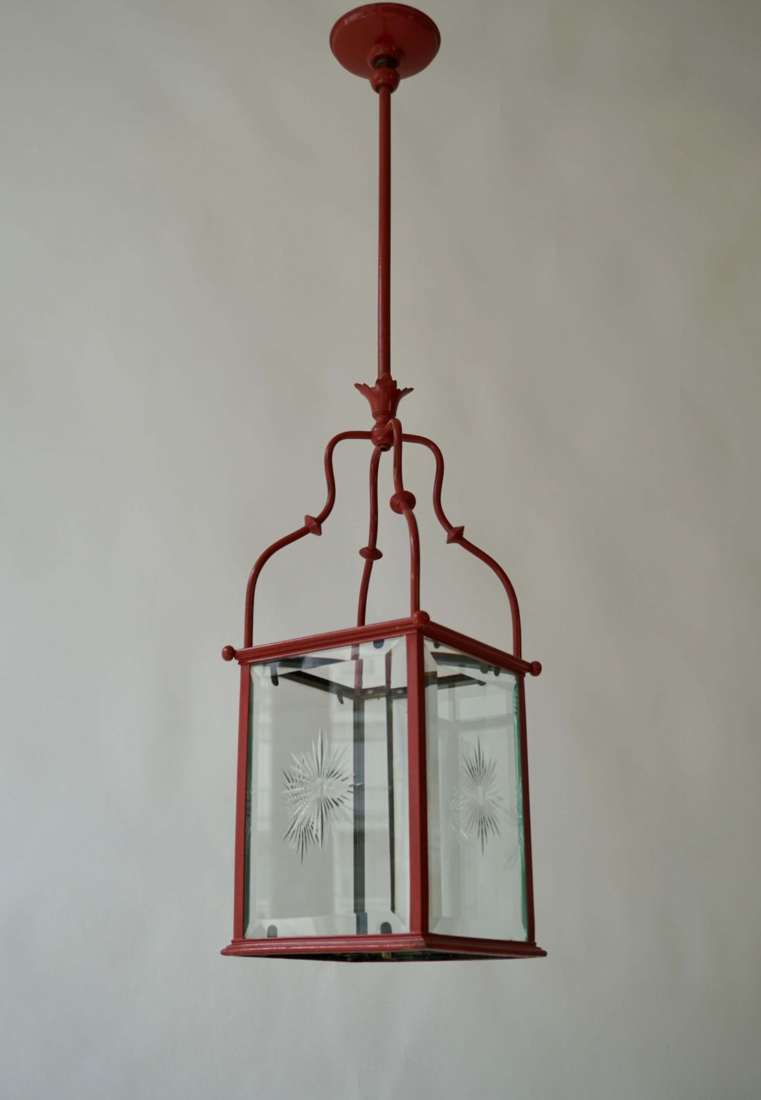 photo for sale An Italian Red Tole Metal Lantern With Cut Glass, Early 20th C.