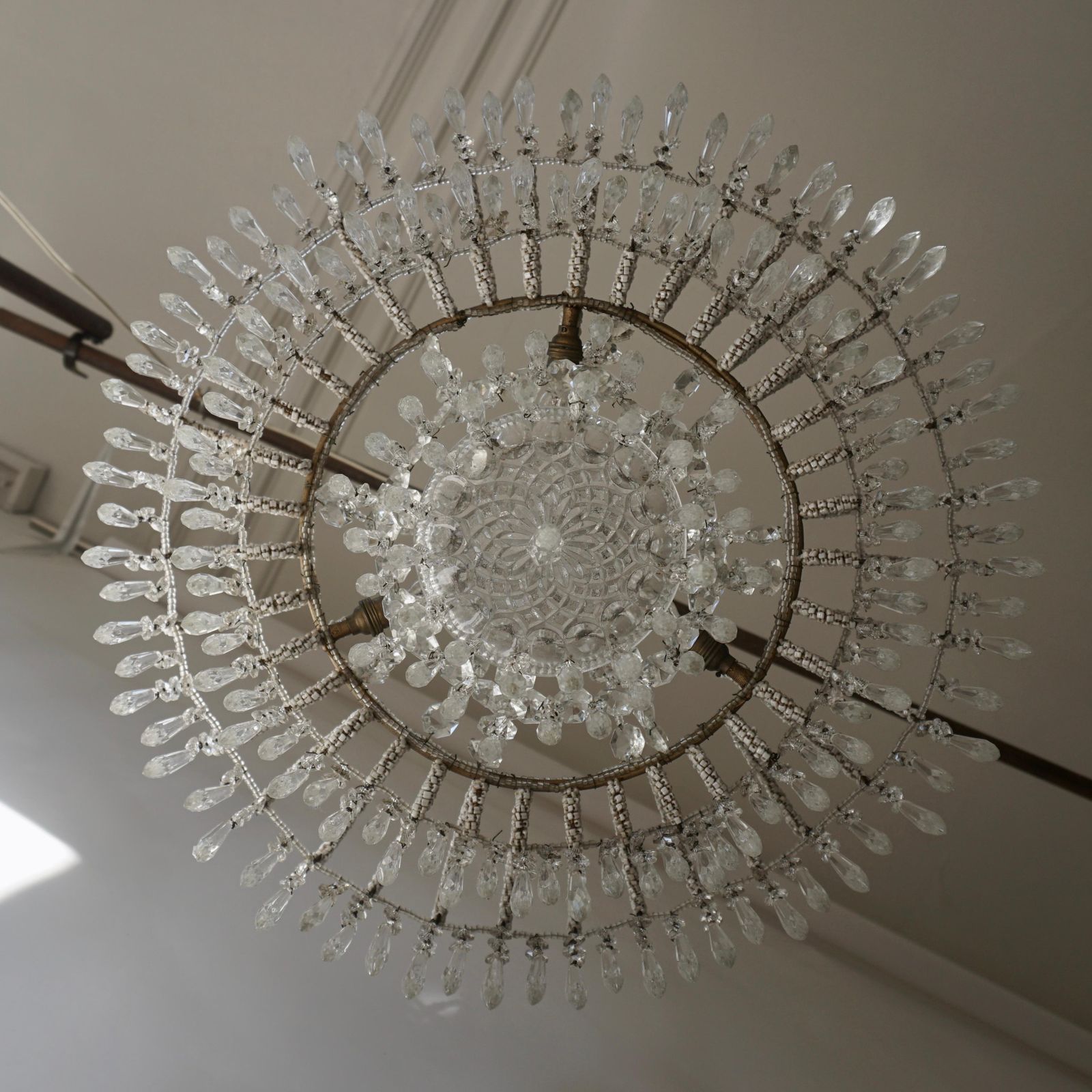 photo for sale Rare Crystal Waterfall Chandelier Covered With Thousands White Murano Glasses