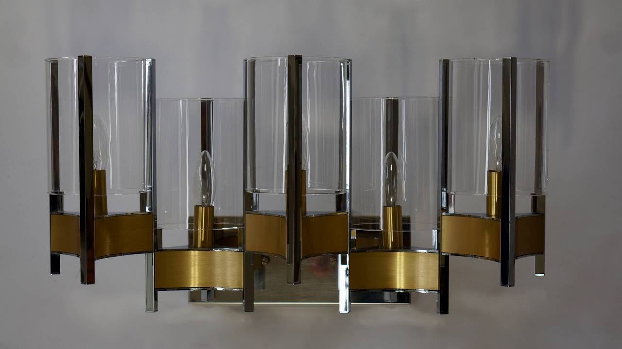 Sciolari Set Of Three Brass, Chrome And Glass Cylinder Sconces, Italy, 1970s photo furniture