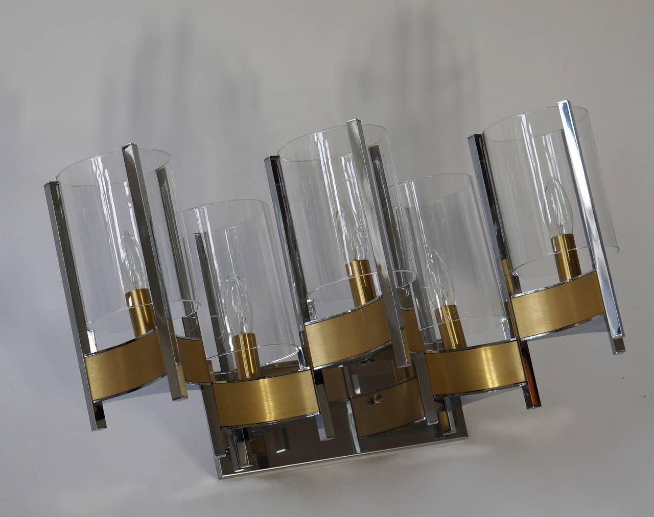 Sciolari Set Of Three Brass, Chrome And Glass Cylinder Sconces, Italy, 1970s photo for sale