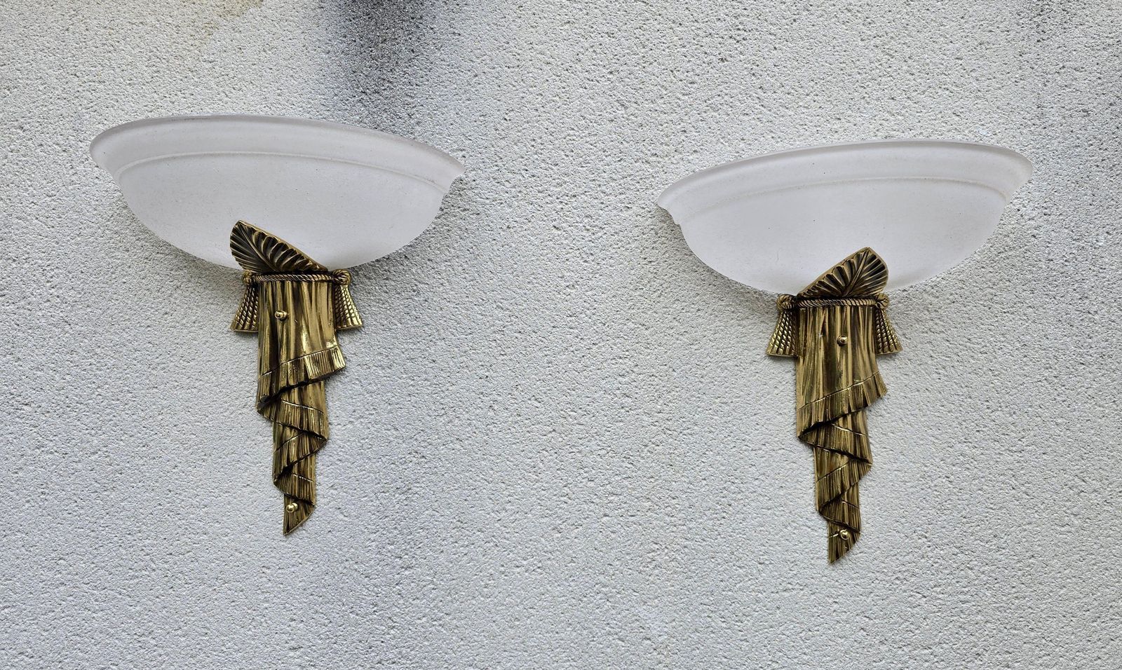 Beautiful Art Deco Wall Lights Made Of Brass With Opal Glass Shade photo vintage