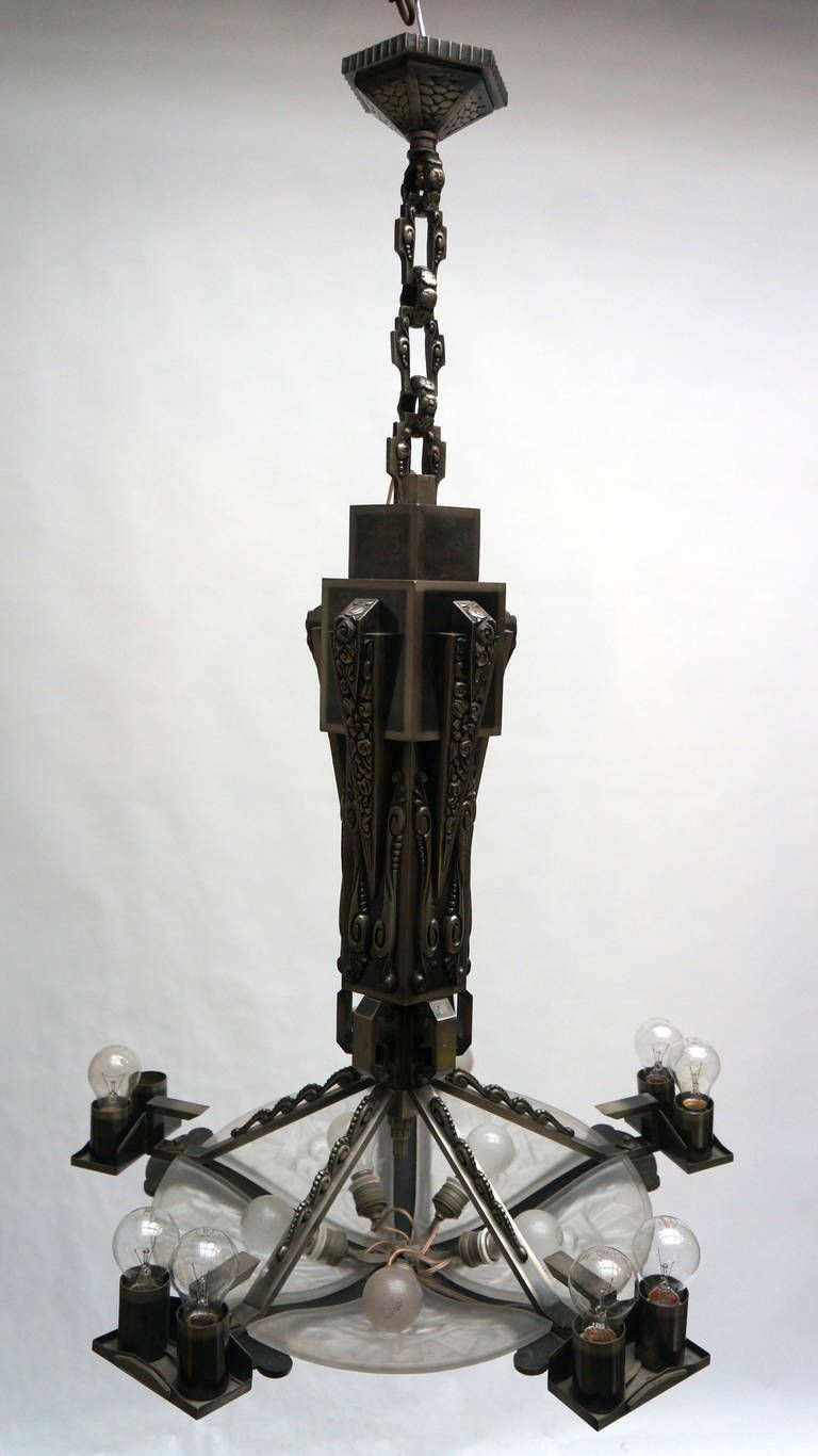 Large Bronze And Art Glass Art Deco Chandelier photo 5435.0