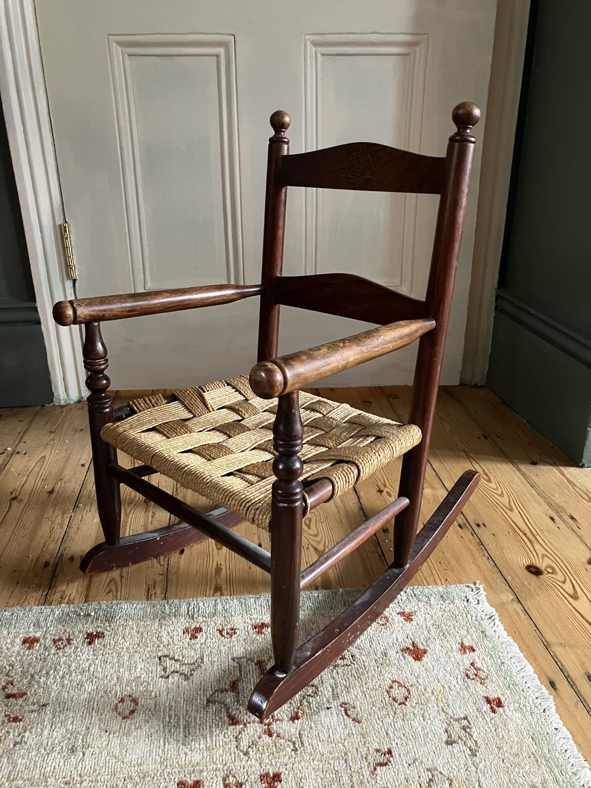 Miniature Mahoghany Rocking Chair With Brass Inlay