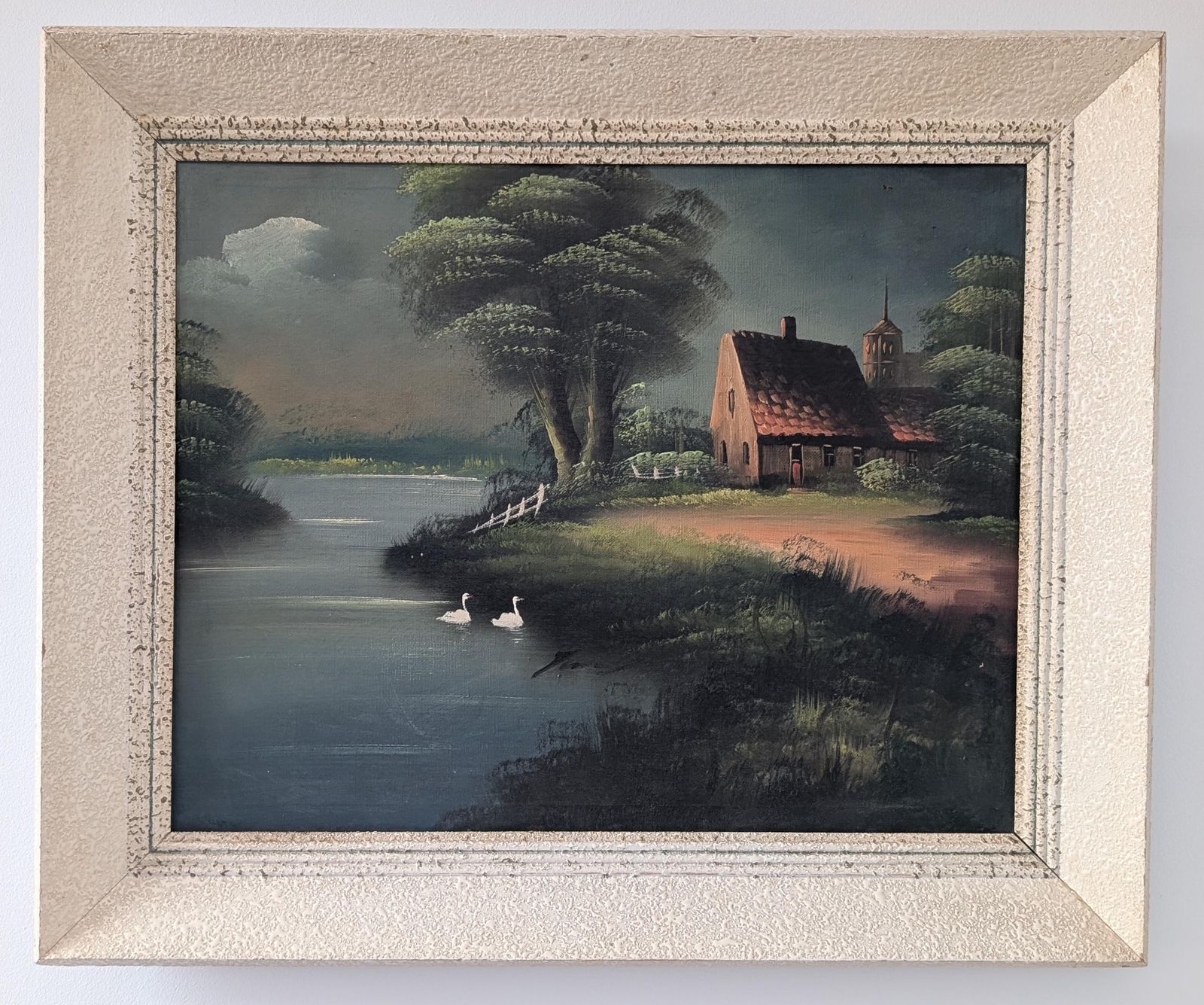 Early 20th Century Oil Painting Of Country Scene With Swans. Vintage Art.