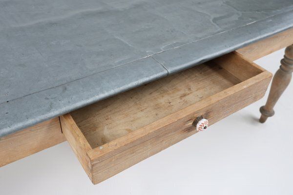 Rustic French Pine Wood Dinner Table With Zinc Top, 1850s photo vintage