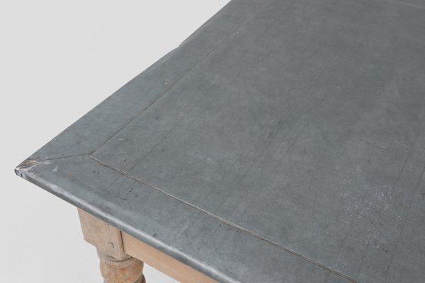 7215.0 Rustic French Pine Wood Dinner Table With Zinc Top, 1850s photo