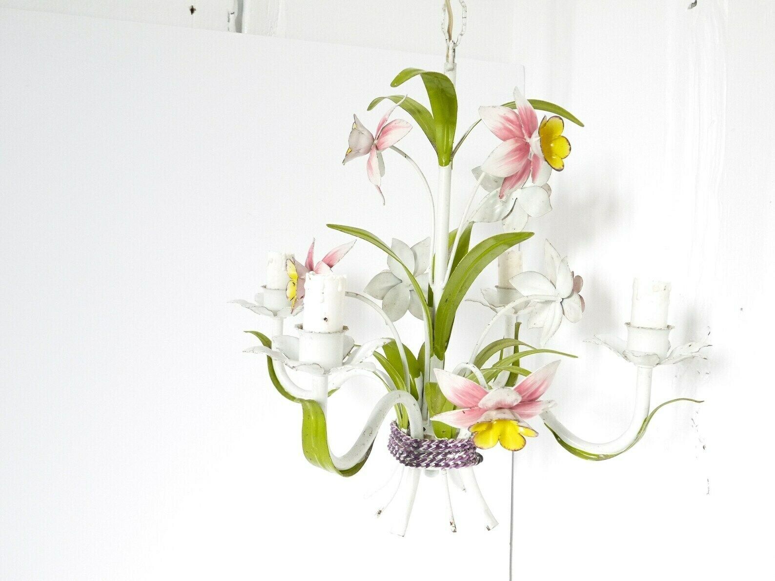 French Vintage Metal Chandelier Multicoloured Floral Bouquet Tole Tolex