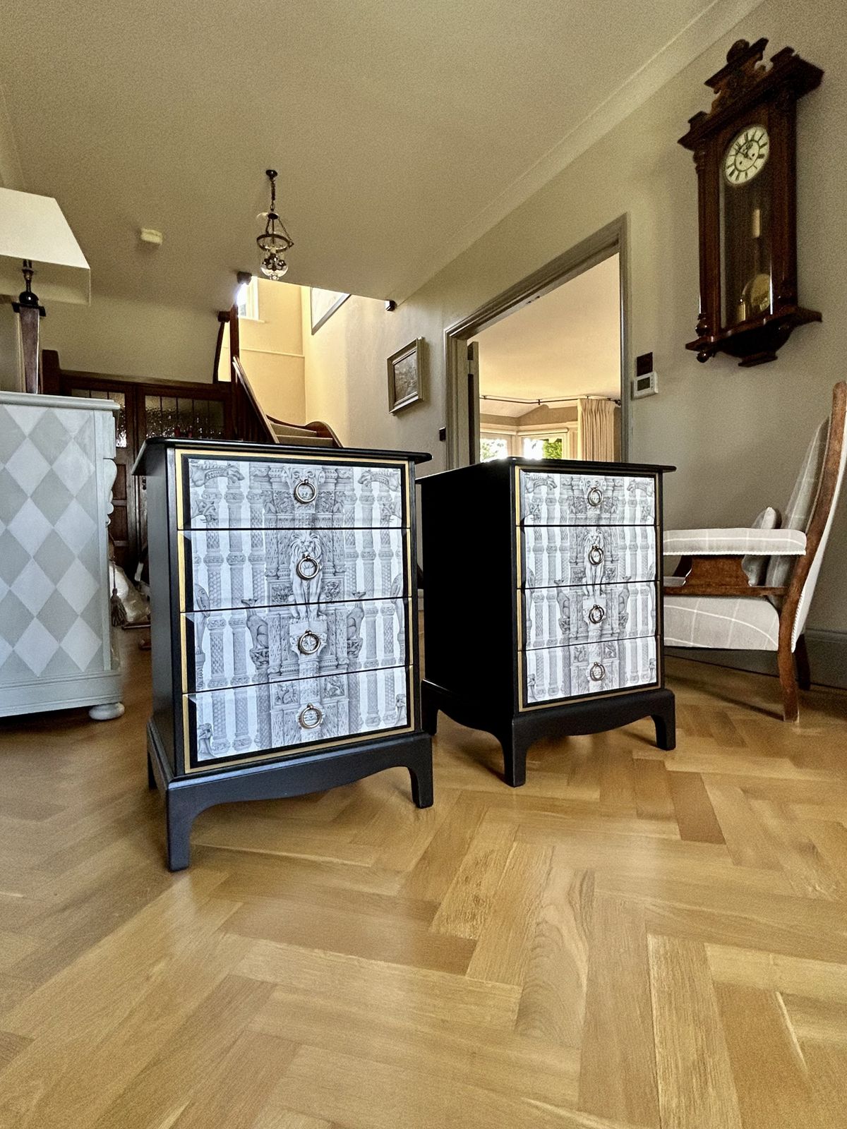 Midcentury Modern Solid Wood Bedside Drawers.  Stag Minstrel.  Handpainted With Decoupage.  Unique. photo vinterior