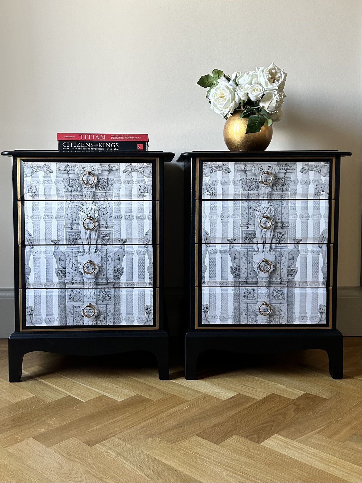 photo buy Midcentury Modern Solid Wood Bedside Drawers.  Stag Minstrel.  Handpainted With Decoupage.  Unique.