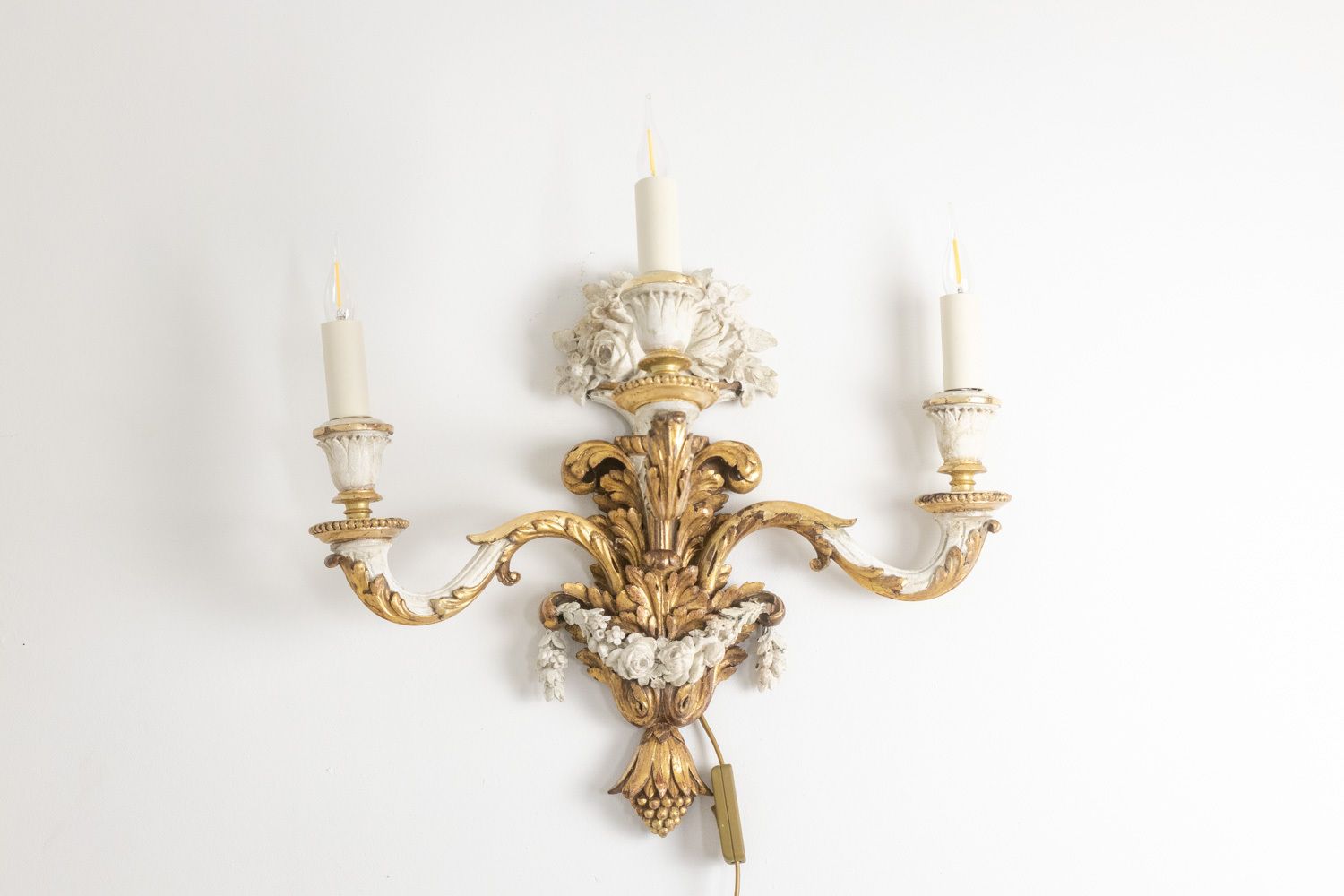 Pair Of Louis XVI Style Wall Lights In Gilded And Lacquered Wood. Circa 1900. photo for sale