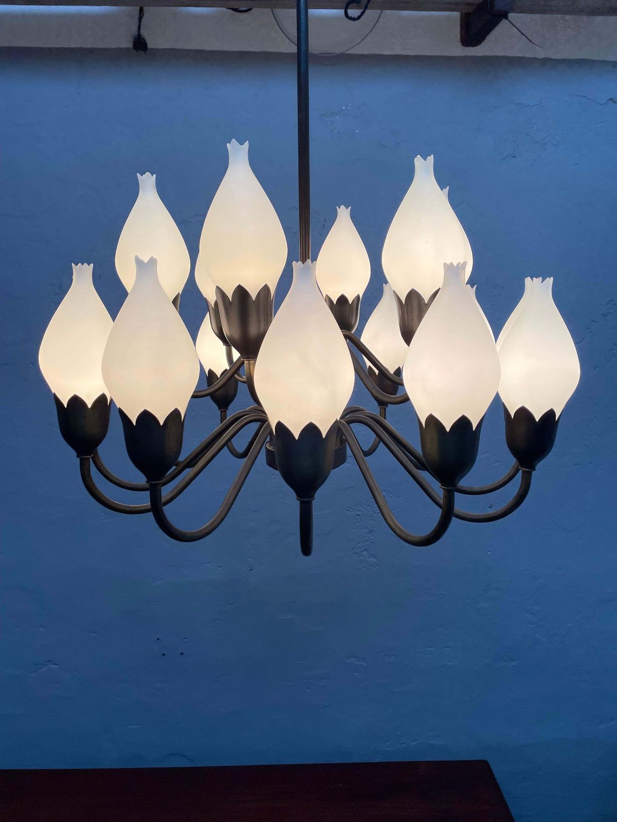A Mid Century 18 Arm Tulip Pendant Chandelier By Fog And Mørup Of Denmark photo for sale