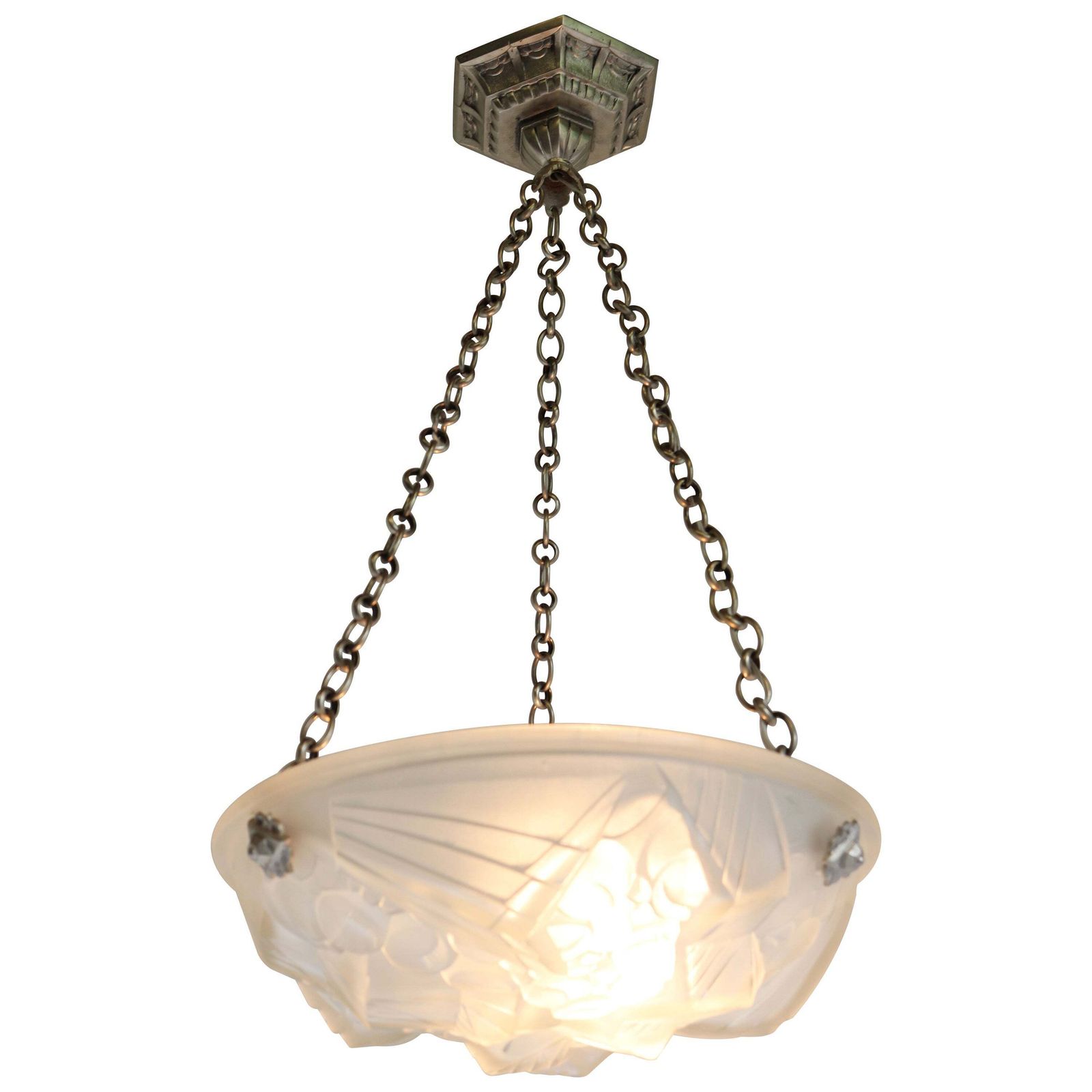 French Antique Art Deco Pendant Light Chandelier By Mouynet Design 1920 White