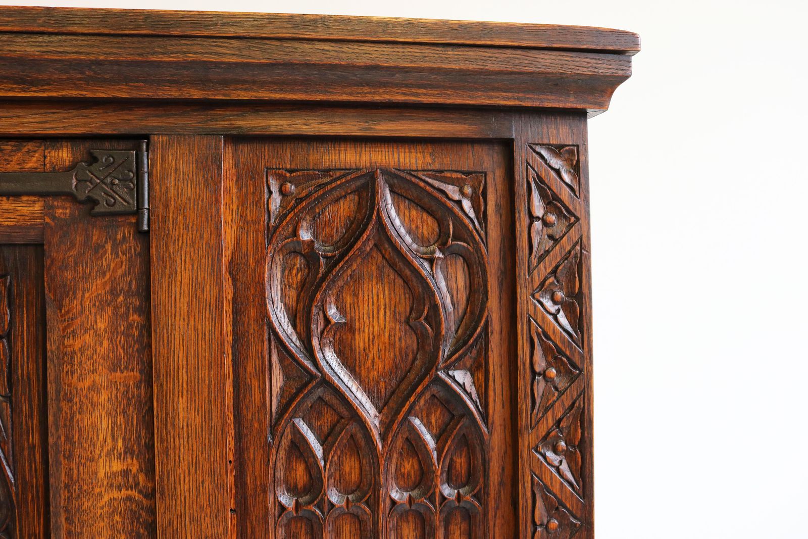 Antique Gothic Revival Oak Carved Dry Bar / Drinks Cabinet Church Windows Arches photo for sale