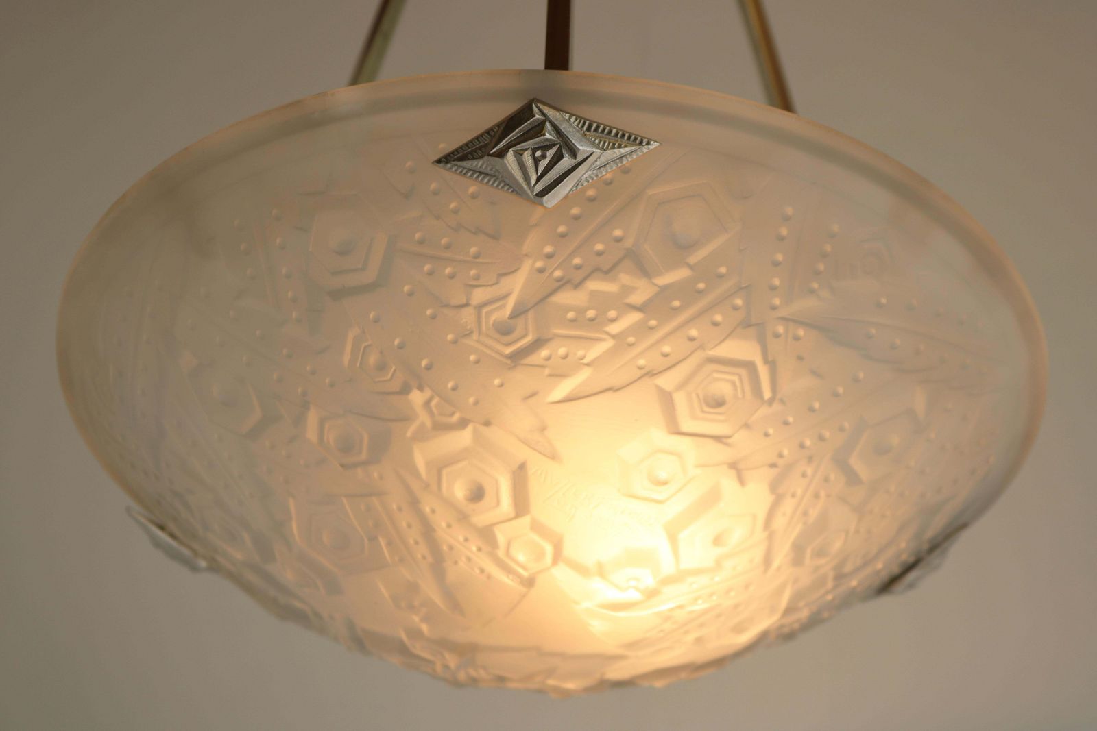 Antique French Art Deco Pendant / Chandelier By Muller Freres White Glass 1930 photo Lighting