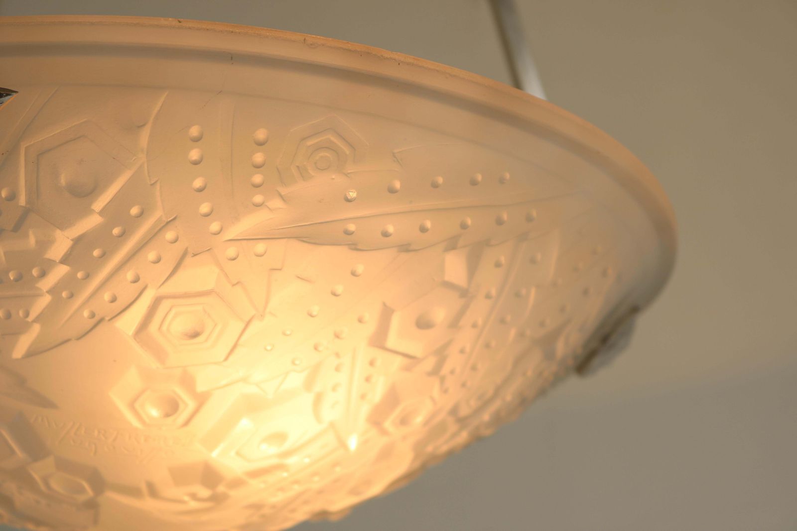 Antique French Art Deco Pendant / Chandelier By Muller Freres White Glass 1930 photo vinterior