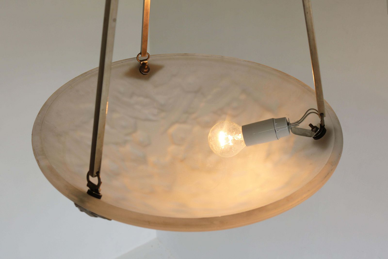 Antique French Art Deco Pendant / Chandelier By Muller Freres White Glass 1930 photo buy