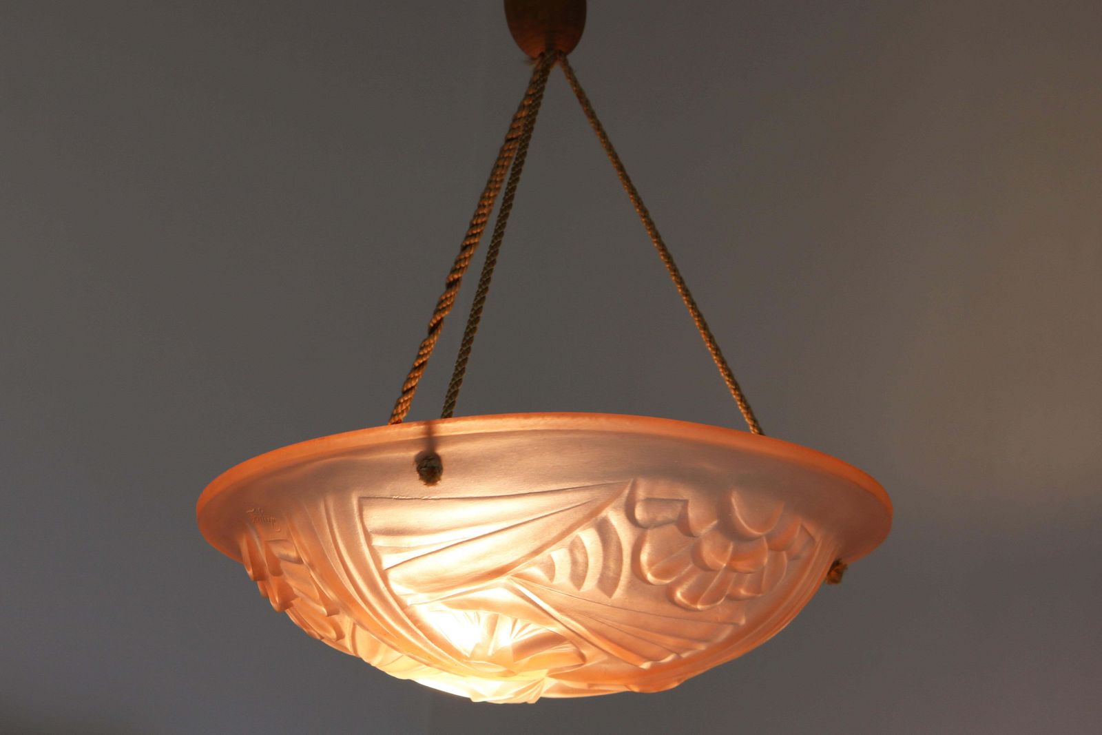 French Art Deco Chandelier Signed By Degue Pink Glass Lamp 1930 Antique France photo for sale